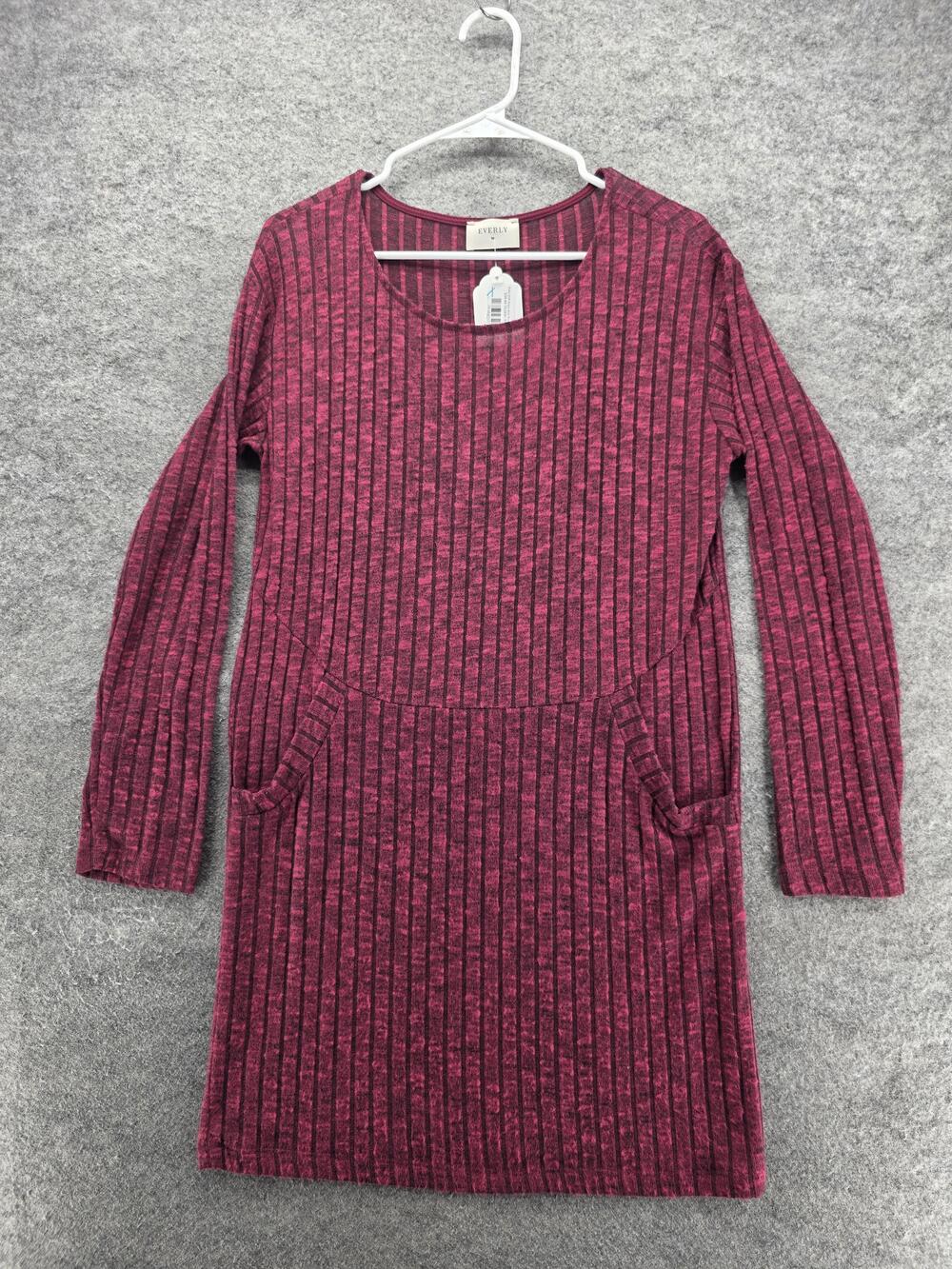 Everly Dress Womens Small Wine Ruby Shift Pockets Ribbed Long Sleeve Knit USA